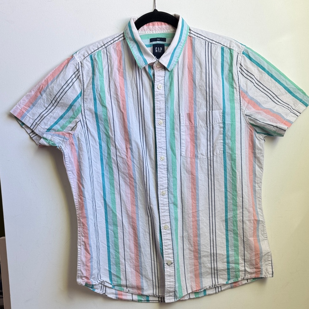 GAP Men's Casual Striped Slim Shirt - Pink, Green, Blue | Large